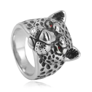 Punk style stainless steel leopard head ring with red gem eyes and black spot texture