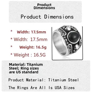 Anillo punk de acero de titanio para hombre con calavera y gran gema negra oval