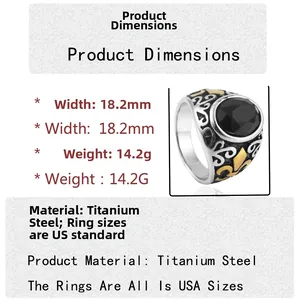 Vintage titanium steel ring with black gemstone and golden fleur-de-lis relief