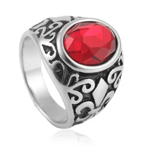 Vintage Titanium Steel Signet Ring For Men Women Punk Fleur De Lis Hollow Engraved Band Ring With Oval Glass Stone