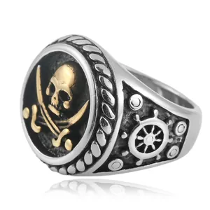 Anillo punk vintage de calavera y timón en acero inoxidable para hombre estilo biker