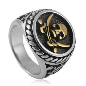 Anillo de Calavera Pirata de Acero Inoxidable Vintage Para Hombre Anillo de Sello Punk Con Espadas Cruzadas y Textura de Cuerda Joyería Náutica