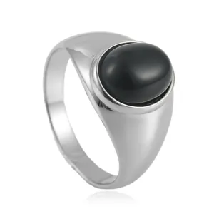 Vintage stainless steel ring for men with an oval black onyx stone on a silver band