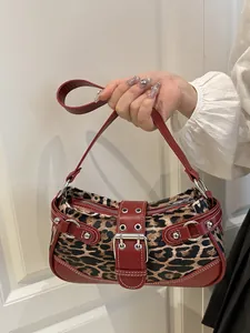 Vintage Leopard Print PU Leather Underarm Bag For Women Y2K Punk Style Shoulder Bag With Rivets And Metal Buckle Crescent Bag