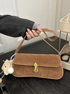 Women Retro Frosted Suede Baguette Bag Minimalist Underarm Shoulder Bag With Gold Metal Buckle And Plush Bear Pendant Fashion Underarm Bag
