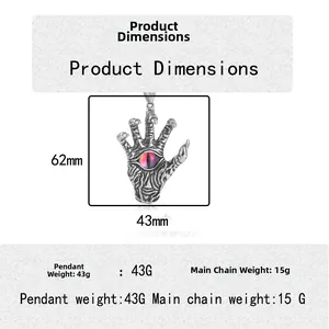 Punk style stainless steel skeleton hand pendant with eyeball detail and size info