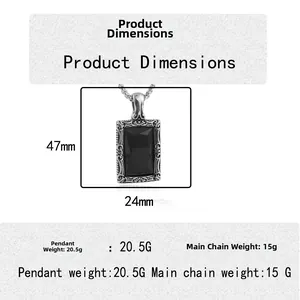 Punk vintage men's stainless steel square black stone pendant with baroque floral engraving