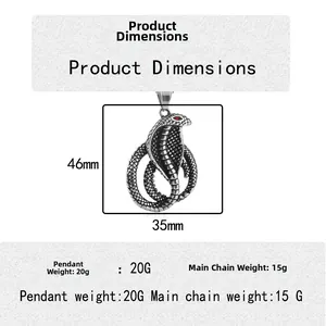Collier avec pendentif cobra en acier inoxydable rétro aux yeux rouges et écailles