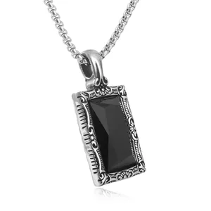 Retro stainless steel square black stone pendant necklace with ornate gothic engravings