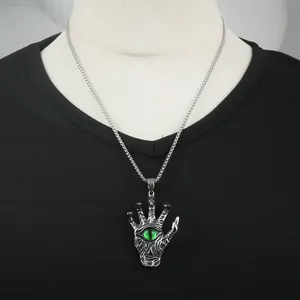 Punk style stainless steel hand pendant with green eye stone on bead chain