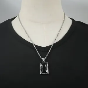 Punk vintage titanium steel necklace with a rectangular black gemstone pendant for men