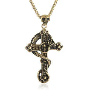 Gothic punk cross pendant with snake and skull elements in vintage stainless steel finish