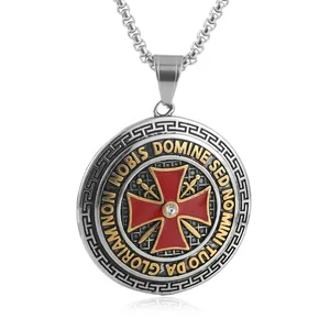 Vintage Templer Malteserkreuz Anhänger Halskette Für Herren Titanstahl Runde Rote Emaille Inschrift Medaillon Kette