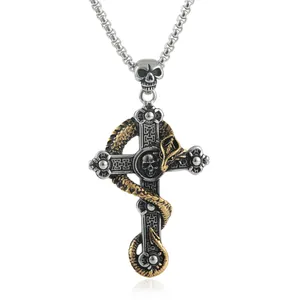 Vintage Gothic Punk Skull Cross Pendant Necklace Stainless Steel Snake Dragon Wrap Cross Men Jewelry Pendant And Chain
