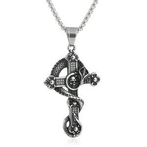 Gothic punk cross pendant with snake and skull design in vintage stainless steel