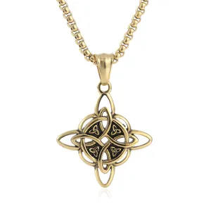 Vintage gold stainless steel Celtic cross pendant with black antique finish on box chain