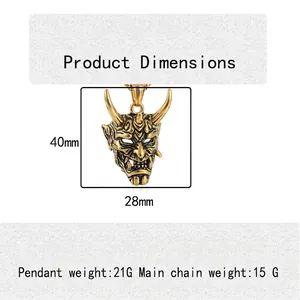 Retro horned ghost mask pendant in gold-tone steel with dimensions and weight display