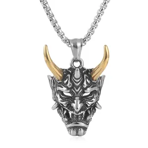 Ciondolo maschera Hannya retrò in acciaio inossidabile con corna dorate e finitura argento
