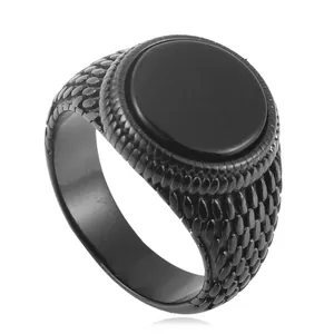 Men's punk titanium steel ring with round black stone and textured scale pattern