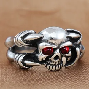 Bague tête de mort punk pour homme en acier inoxydable avec yeux rouges en strass