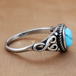Retro Punk Ovaler Blauer Stein Ring aus hohlem Edelstahl im Vintage-Bohème-Stil