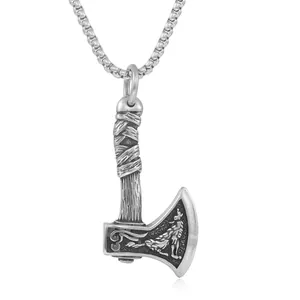Punk style stainless steel axe pendant with intricate wolf engraving on link chain