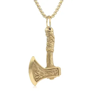 Punk Retro Stainless Steel Axe Pendant Necklace For Men Women Viking Style Phoenix Bird Wing Design Jewelry Gold Silver Black