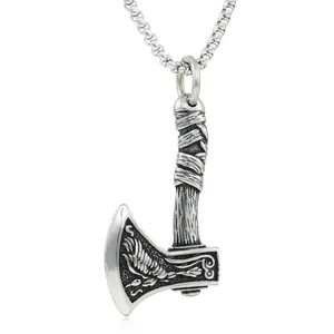 Retro stainless steel axe pendant necklace with wing engraving and round pearl chain