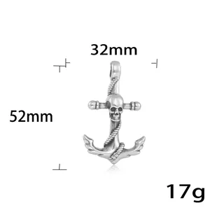 Gothic punk anchor pendant with skull design in silver stainless steel, 52mm by 32mm