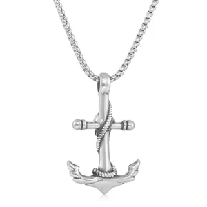 Detailed view of punk style stainless steel anchor pendant with rope textures and box chain