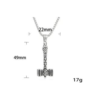 Titanium steel Thor's hammer pendant necklace with Valknut symbol and dimensions 22x49mm