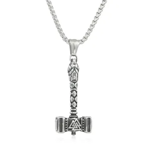 Viking Mjolnir Thor Hammer Pendant Necklace Stainless Steel Valknut Rune Nordic Knot Punk Jewelry For Men Women