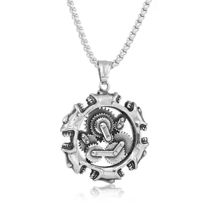 Punk-Anhänger aus Edelstahl mit mechanischem Getriebe-Relief und robuster Box-Kette
