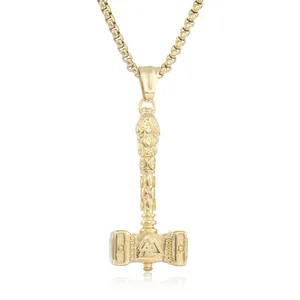 Gold stainless steel Thor's hammer Mjölnir pendant with Valknut symbol and rollo chain