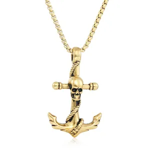 Vintage punk gold skull anchor pendant with box chain in polished stainless steel