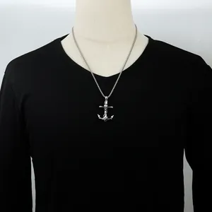 Gothic punk anchor pendant necklace with skull and snake wrap on silver stainless steel