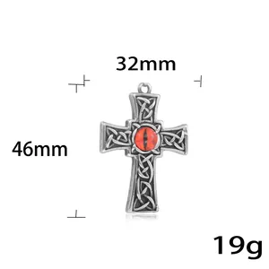 Gothic silver stainless steel cross pendant with orange evil eye and celtic knots