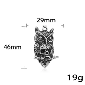 Gothic punk owl skull pendant in distressed steel finish with precise size measurements