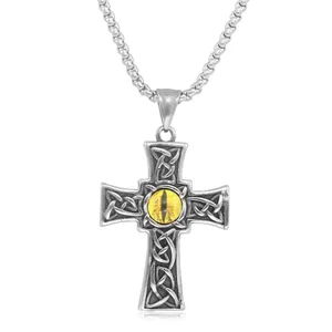 Gothic punk stainless steel Celtic cross pendant with yellow dragon eye stone and chain