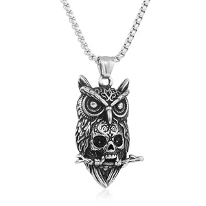 Vintage Punk Stainless Steel Owl Skull Pendant Necklace For Men Women Gothic Animal Bird Skeleton Jewelry Accessory