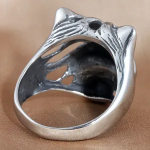 Punk style wolf head stainless steel ring with hollow vintage carving for men