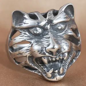 Vintage Stainless Steel Roaring Tiger Head Ring For Men Punk Rock Gothic Hollow Animal Biker Jewelry Finger Ring Gift