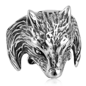 Anillo de cabeza de lobo vintage para hombre en acero inoxidable estilo punk
