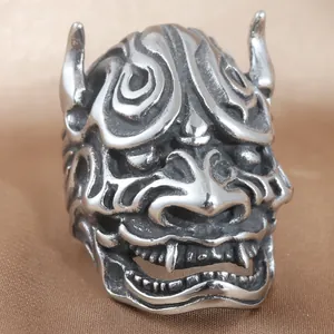 Bague Vintage en Acier Inoxydable Masque Monstre Hannya Pour Hommes Retro Punk Gothique Démon Cornu Anneau Heavy Metal Biker Bijoux