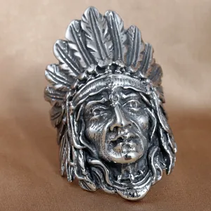 Vintage Indian Chief Head Ring Titanium Steel Punk Tribal Warrior Feather Headdress Finger Jewelry For Men Retro Accessory