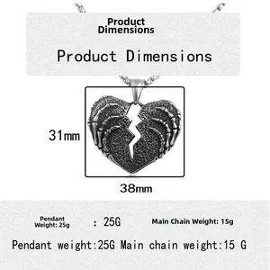 Ciondolo cuore gotico con mano di teschio, gioielli punk in acciaio inox, 31x38mm