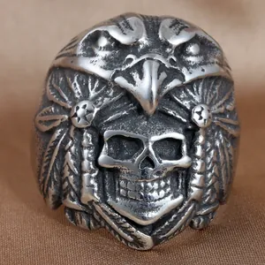 Vintage Titanium Steel Skull Eagle Indian Feather Ring Men Punk Rock Biker Jewelry Retro Silver Finish Gothic Band Gift