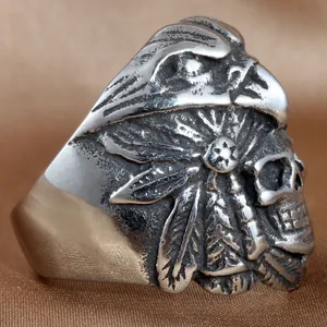 Vintage punk silver stainless steel ring featuring eagle head and skull carvings