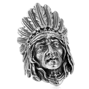 Vintage stainless steel ring featuring a detailed Native American chief feather headdress