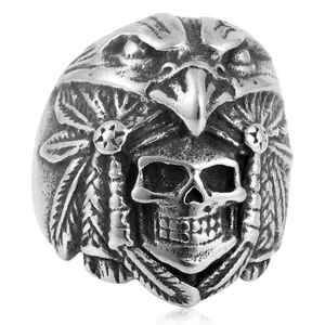 Vintage stainless steel skull ring with Indian eagle feather design in retro silver finish